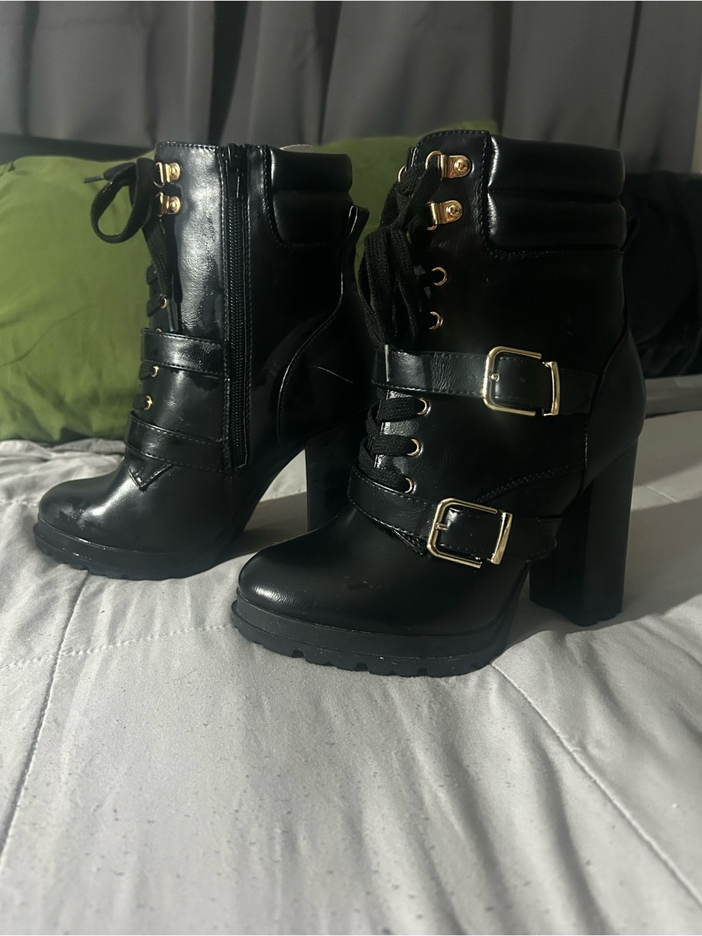 Chunky Black Lace-Up Ankle Boots with Gold Buckles - Women